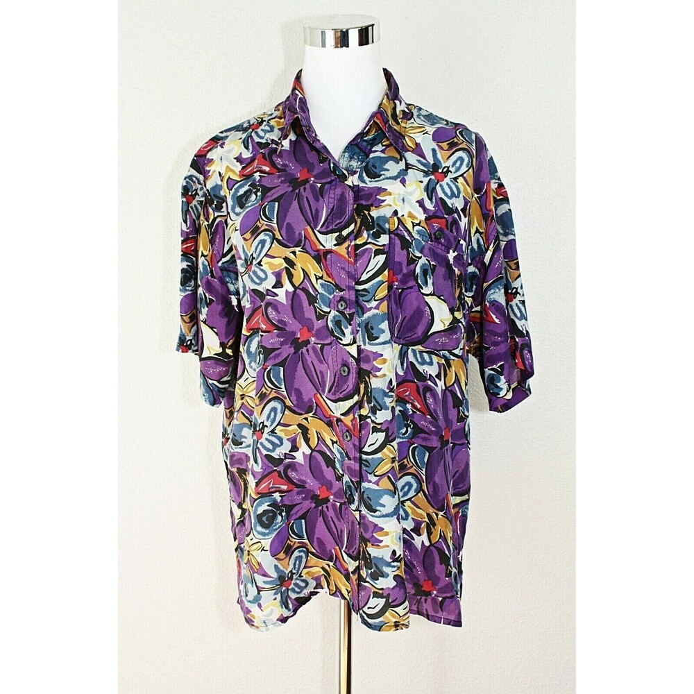BOGARI Silk Top Blouse Sz. M SS Multicolor Watercolor Abstract Floral Casual #02
